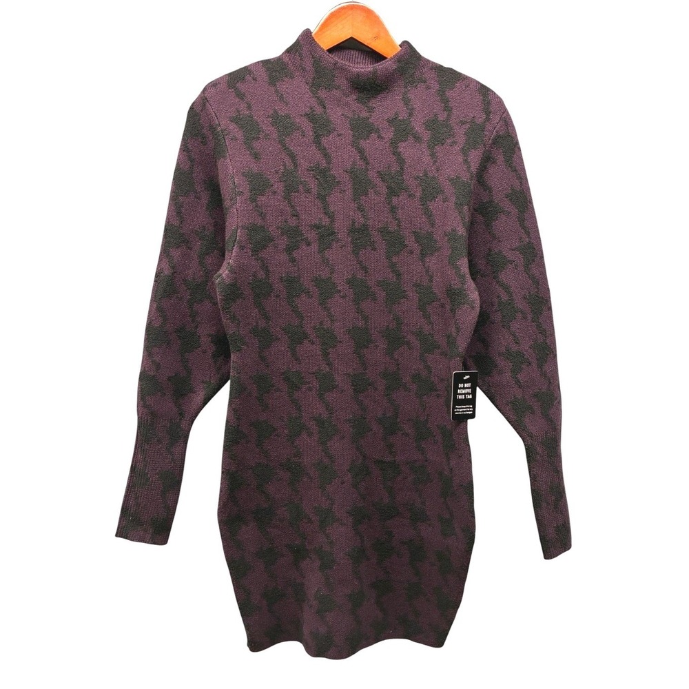 Express Mock Neck Houndstooth Sweater Dress Womens S Purple Black Cozy Fall NWT